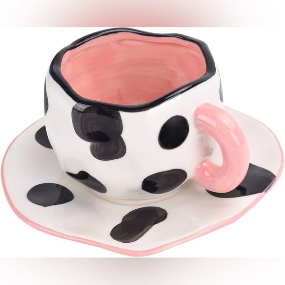 Cow Print Ceramic Mug and Saucer Set | Cute Novelty 🖤🤍🩷🐮☕️ - Picture 1 of 11